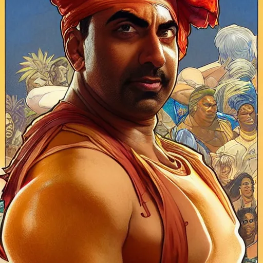 Image similar to kal penn as dhalsim from street fighter, 4 k, ultra realistic, detailed focused art by artgerm and greg rutkowski and alphonse mucha