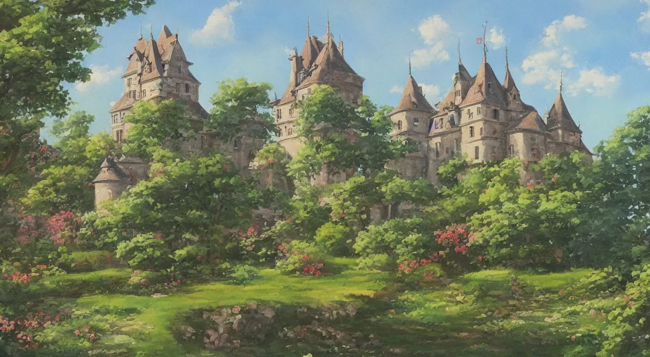 Image similar to a landscape painting of a French castle, with a garden, in the style of anime