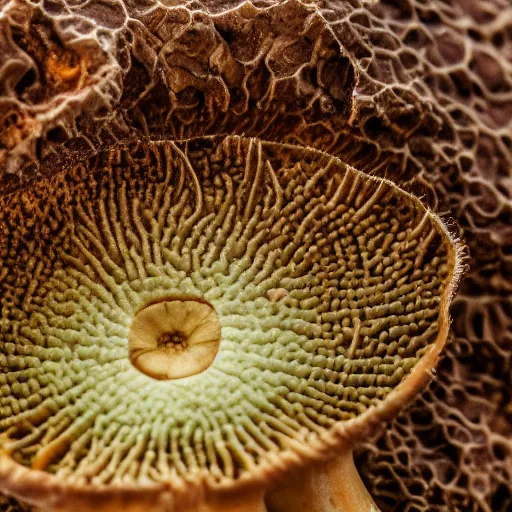 Image similar to mushroom cap lamellae, bottom view, hyper realistic, photography, 8k, epic composition