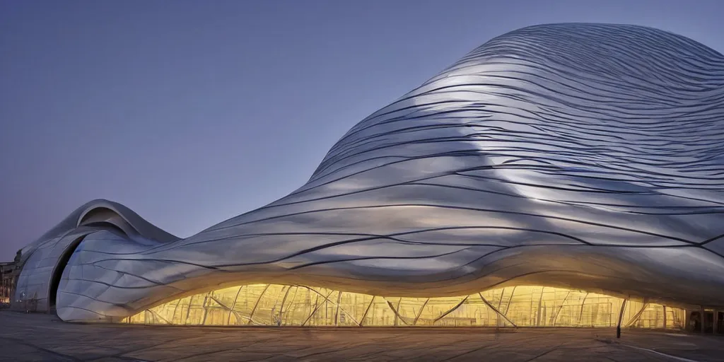 Image similar to extremely elegant smooth detailed stunning sophisticated beautiful elegant futuristic museum exterior by Zaha Hadid, Milan buildings in the background, smooth curvilinear design, stunning volumetric light, stainless steal, concrete, translucent material, beautiful sunset, tail lights