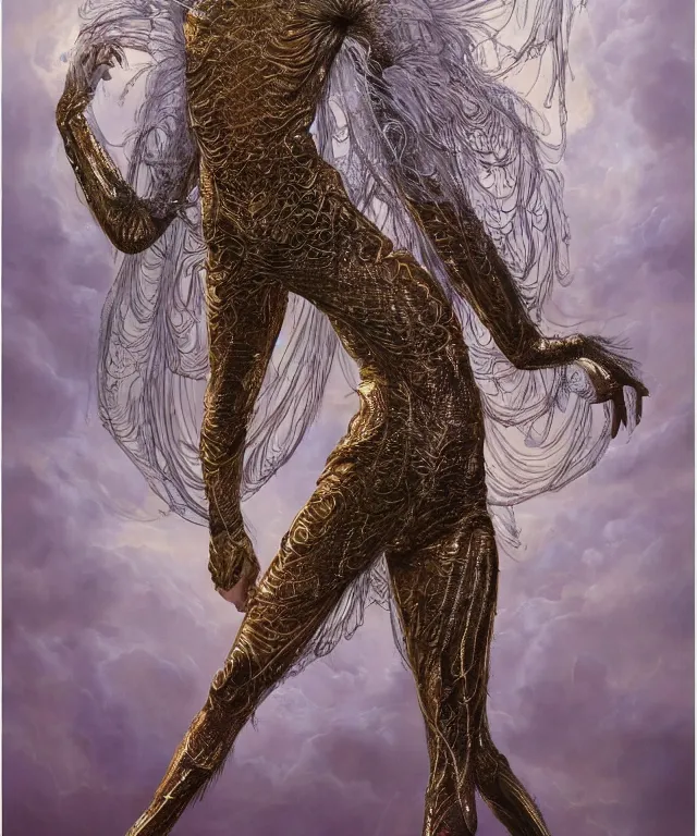 Prompt: a portrait photograph of a fierce sadie sink as a strong alien harpy queen with amphibian skin. she is dressed in a glowing lace shiny metal slimy organic membrane catsuit and transforming into a insectoid snake bird. by donato giancola, walton ford, ernst haeckel, peter mohrbacher, hr giger. 8 k, cgsociety, fashion editorial