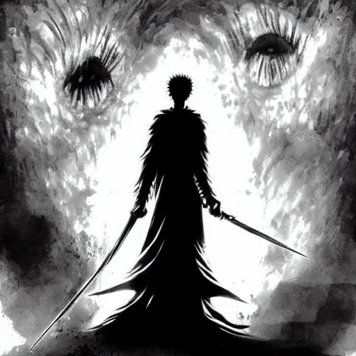 Image similar to femto from berserk in the style of kentaro miura, 4 k, 8 k, absolute detail of even the smallest details and particles, beautiful shadows, beautiful art, black and white drawing