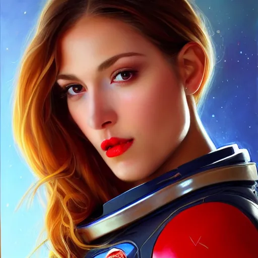 Image similar to a portrait of a very beautiful woman in a spacesuit with deep dueling scar across cheek, brown eyes, shoulder-length brown hair, red lips, bored, illustration, soft lighting, soft details, painting oil on canvas by mark arian by artgerm, trending on artstation, 4k, 8k, HD