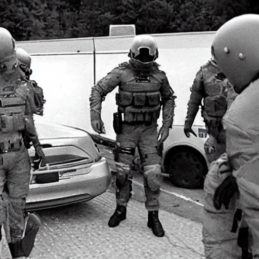 Prompt: a grey alien being arrested by russian special forces