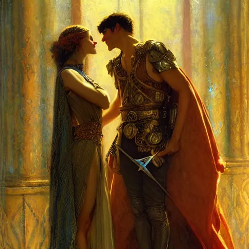 Image similar to stunning arthur pendragon in love with stunning merlin the mage. they are close to each other, touching, looking. highly detailed painting by gaston bussiere, craig mullins, j. c. leyendecker