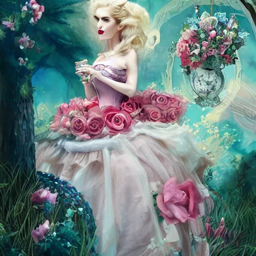 Image similar to Alice in Wonderland at the tea party, she looks like a mix of grimes, Aurora Aksnes and Lana Del rey, childlike, billowing elaborate hair and dress, strings of pearls, surrounded by red and white roses, digital illustration, inspired by a stylistic blend of Aeon Flux, Japanese shoujo manga, and John singer Sargent paintings, hyper detailed, dreamlike, otherworldly and ethereal, delicate, flower petals, super photorealistic, iridescent, prismatic light, extremely fine inking lines