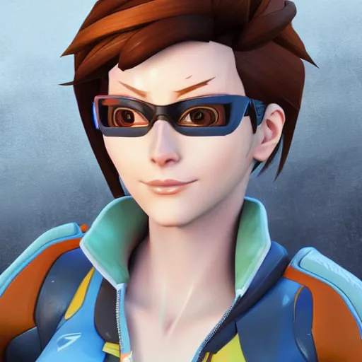 Image similar to accurate digital 3 d artwork of tracer from the game overwatch, facial features, eyes,