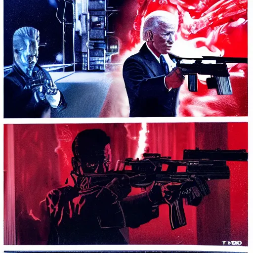 Image similar to joe biden as the terminator executing t-1000 Donald Trump with a shotgun, dramatic lighting, cinematic, establishing shot, extremly high detail, photorealistic, cinematic lighting, artstation, style by James Gurney