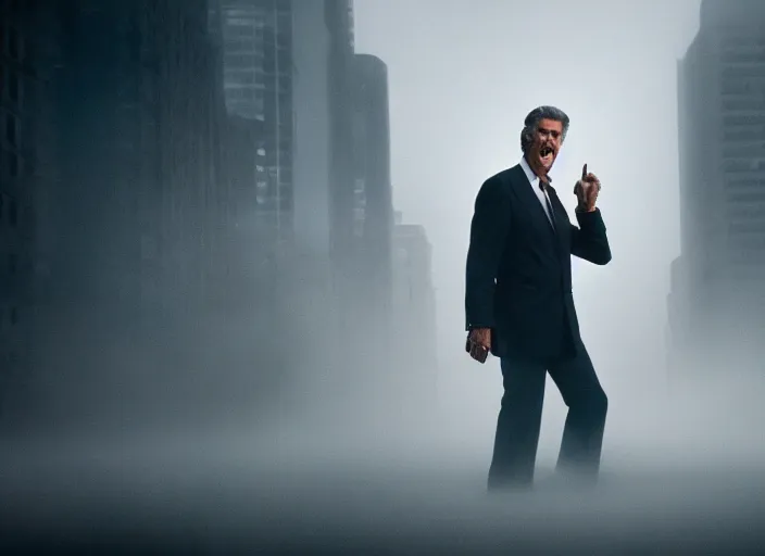 Image similar to film footage of pierce brosnan as giant monster in a foggy city, eerie, 8 k, 8 5 mm f 1. 8, studio lighting