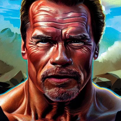 Prompt: portrait of Douglas Walker as Arnold Schwarzenegger, parody, intricate, headshot, highly detailed, digital painting, artstation, concept art, sharp focus, illustration, art by artgerm and greg rutkowski and alphonse mucha