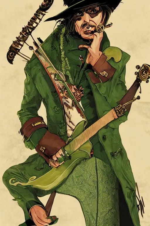 Prompt: Breathtaking comic book style of Johny Depp portrayed as a Dungeons and Dragons bard, playing the lute and wearing a pale green jacket in the style of ilya kuvshinov