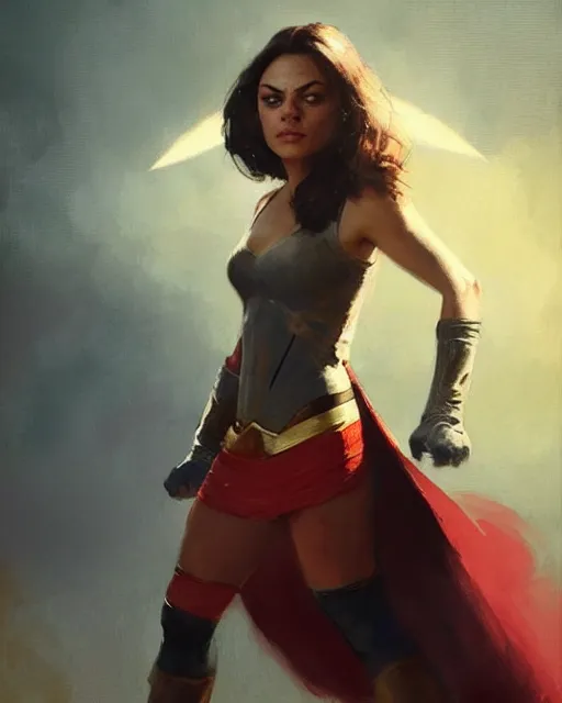 Image similar to mila kunis as a superhero. fantasy art by greg rutkowski, gustave courbet, rosa bonheur, edward hopper. faithfully depicted facial expression, perfect anatomy, sharp focus, global illumination, radiant light, detailed and intricate environment, trending on artstation