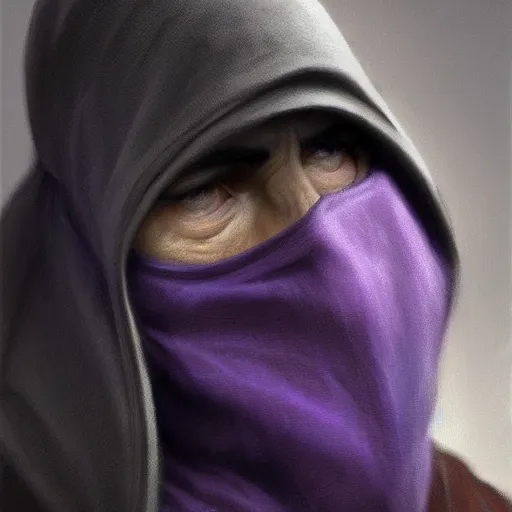 Image similar to ultra realistic illustration, man in a black hood, in a striped purple balaclava, mysterious, highly detailed, digital painting, artstation, concept art, smooth, sharp focus, illustration, art by artgerm and greg rutkowski and alphonse mucha