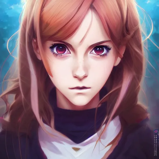 Image similar to anime portrait of emma watson as an anime girl by Stanley Artgerm Lau, WLOP, Rossdraws, James Jean, Andrei Riabovitchev, Marc Simonetti, and Sakimichan, trending on artstation