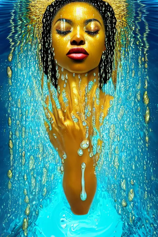 Image similar to hyperrealistic precisionist cinematic super expressive! oshun goddess immersed in water!, mirror dripping droplet, gold ornate jewely, highly detailed face, digital art masterpiece, smooth eric zener cam de leon, dramatic pearlescent turquoise light on one side, low angle uhd 8 k, shallow depth of field