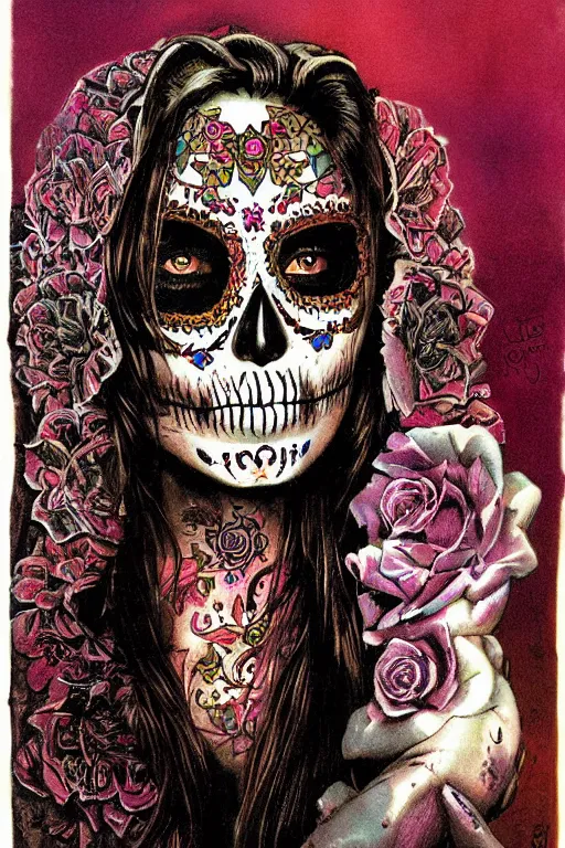 Prompt: Illustration of a sugar skull day of the dead girl, art by les edwards