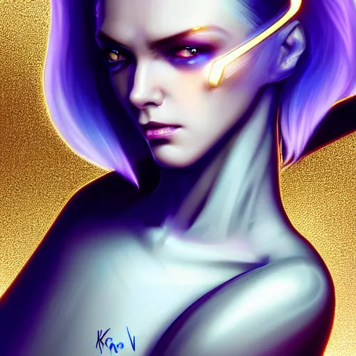 Image similar to futuristic woman android portrait, sci-fi female, striking azure eyes, face, short platinum hair, cyberpunk femme fatale, intricate, elegant lady with alabaster skin, highly detailed gold filigree, digital painting, artstation, concept art, smooth, sharp focus, illustration, studio photo by artgerm, Krenz Cushart, Wenqing Yan and Alphonse Mucha:3, overexposed, dark, gray, monochrome:-2