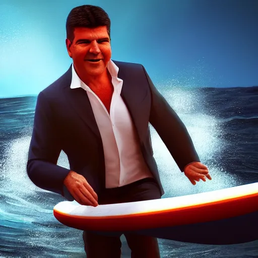 Image similar to photorealistic simon cowell surfing. hyperdetailed photorealism, 1 0 8 megapixels, amazing depth, high resolution, 3 d shading, 3 d finalrender, 3 d cinematic lighting, glowing rich colors, psychedelic overtones, artstation concept art.