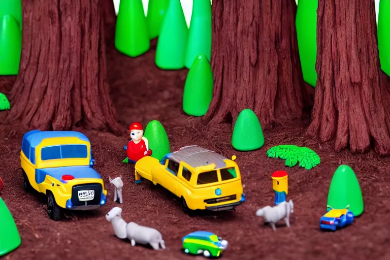 Image similar to fisher price redwood forest, california scene from tv show hyper detailed 5 5 mm 8 5 mm, toy photography, made out of plastic