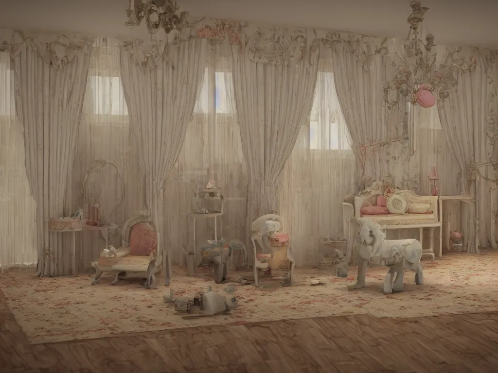 Prompt: 3D render of vintage interior house with very large curtains and toys on the floor and a rocking horse in the middle, High detail, Octane Render, faded colors, pastel colors