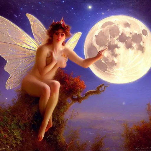 Image similar to attractive fairy magically floating high in the night, fantasy, full moon in background. highly detailed painting by gaston bussiere, craig mullins, j. c. leyendecker, sharp focus, 8 k