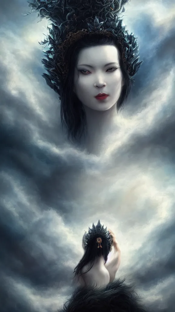 Prompt: a woman with very black hair and pale skin with a crown on her head walking on the clouds, in the style of tomasz alen kopera and fenghua zhong and peter mohrbacher, mystical colors, rim light, beautiful lighting, 8 k, stunning scene, raytracing, octane, trending on artstation,