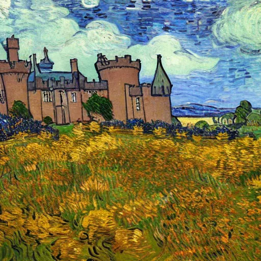 Prompt: a lovely scottish castle in a wide field, surrounded by flowers warm lighting in the style of Vincent Van gogh