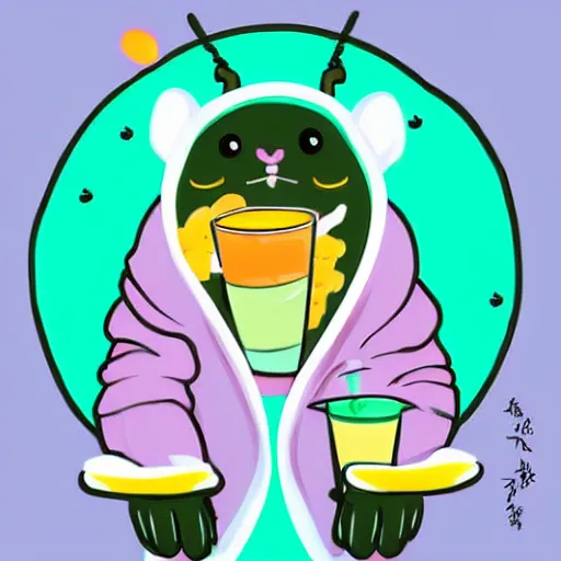 Prompt: Cute moth wearing a hoodie and drinking boba tea, pastel colors, lighthearted, adorable, digital art