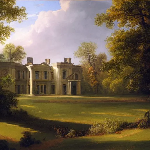 Prompt: a large serene beautiful matte painting of a quaint english country mansion, by asher brown durand and george ault, featured on artstation