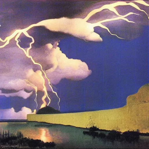 Prompt: river full of lightning, full moon, maxfield parrish, salvador dali