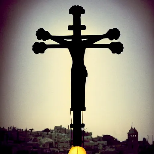 Image similar to super8 shot of a glowing steampunk robot crucified at dusk in ancient jerusalem