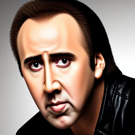 Image similar to professional portrait of nicolas cage neutral expression face straight on headshot even lighting