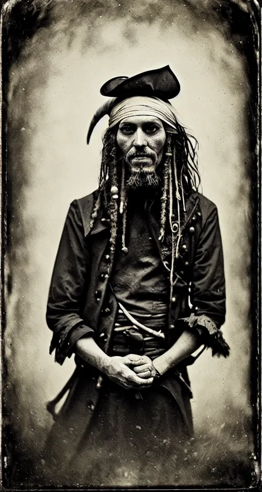 Prompt: a wet plate photograph, a portrait of an old pirate