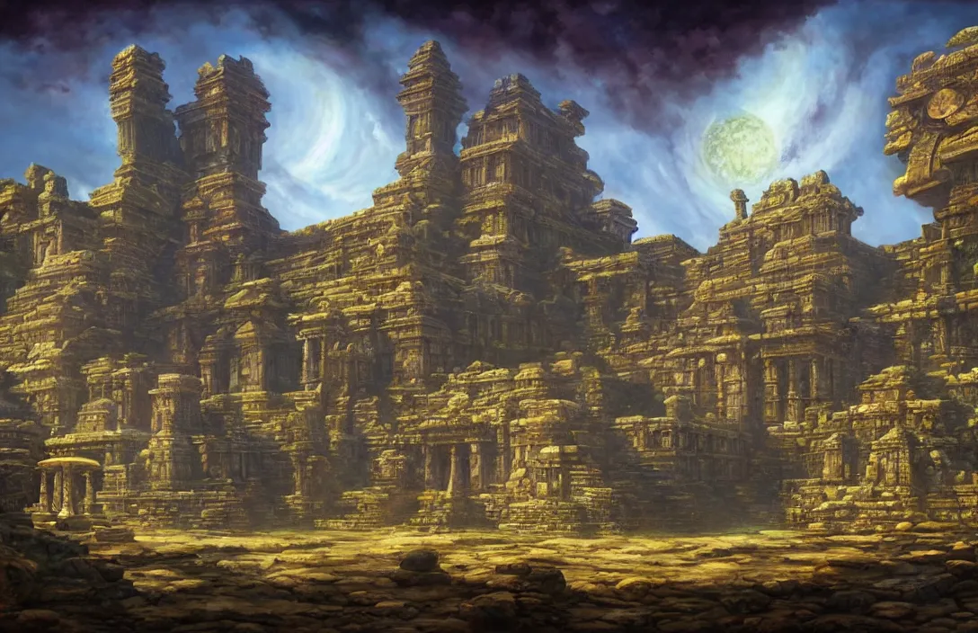 Prompt: a beautiful painting of a ancient temple on another world by rodney matthews | wide angle | unreal engine :. 3