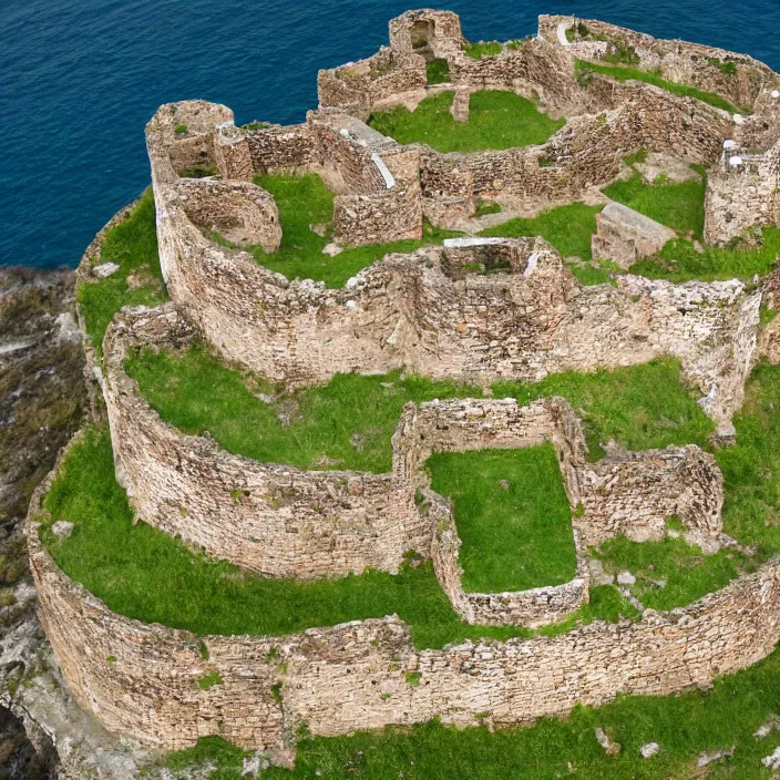 Prompt: aerial view of an ancient fortress from above on a hill by the ocean shaped exactly like the punisher symbol detailed