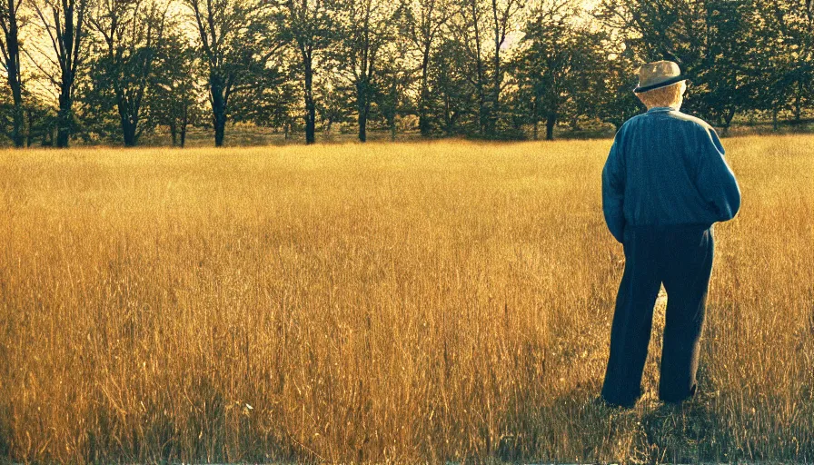 Prompt: cinematic movie still of an old man in a northwest new jersey in field, cinestill 8 0 0 t 3 5 mm eastmancolor, heavy grain, high quality, high detail, golden hour, warm light