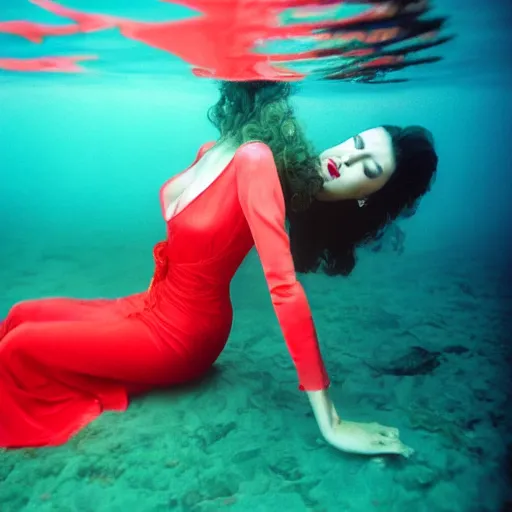 Image similar to beautiful portrait of sensual fashion model in red silk underwater, 35mm film
