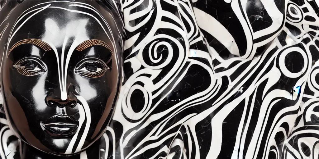 Image similar to masterpiece of a glossy black marble statue of an african girl with colorful african pattern logos in the background in the style of virgil abloh, very very beautiful, detailed, realistic carved marble statue, fine art, off white, heron preston, techno, rave, 8 k, 4 k, detailed, realistic, beautiful, symmetrical, vogue, paris, fashion