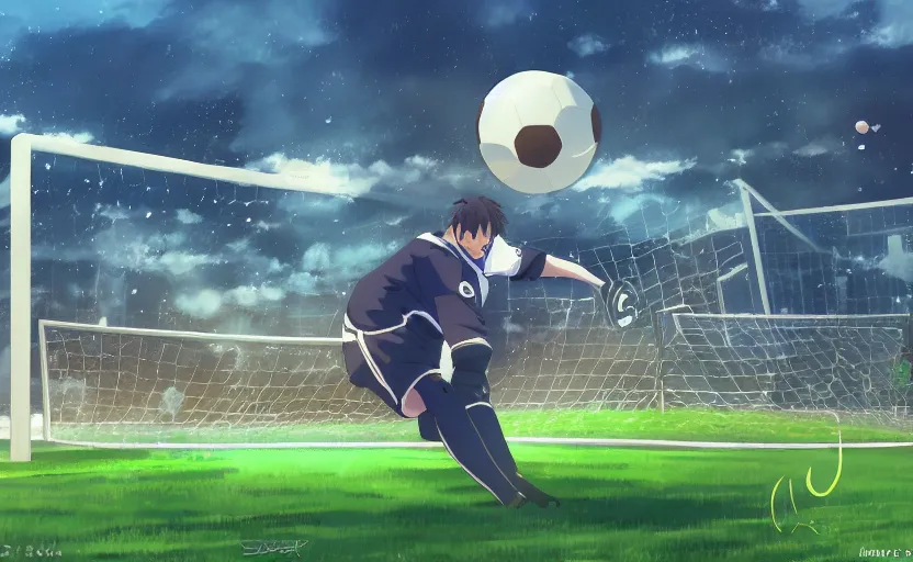 Prompt: An obese goal keeper saving a penalty, soccer game, anime scenery by Makoto Shinkai, digital art