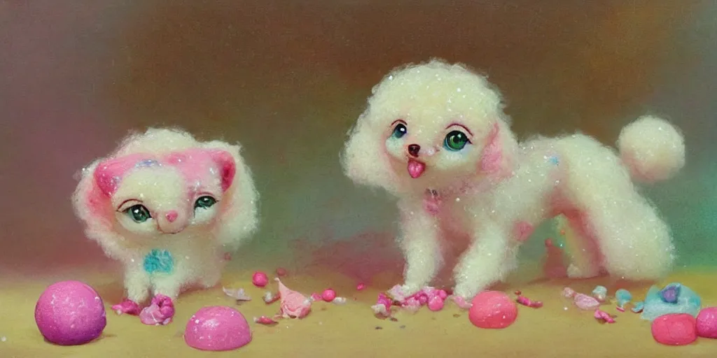 Image similar to bubble gum ice cream made in the shape of 3 d littlest pet shop poodle, realistic, melting, soft painting, forest, desserts, ice cream, glitter, master painter and art style of noel coypel, art of emile eisman - semenowsky, art of edouard bisson