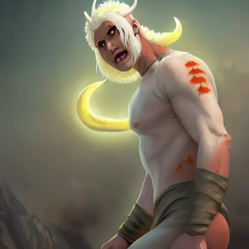 Image similar to dwayne johnson as a pale demoness with white hair, yellow eyes and horns wearing sweater and overalls on top. highly detailed, digital painting, artstation, matte, by makoto shinkai, animation style
