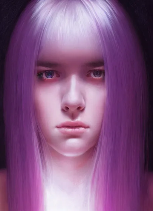 Image similar to hair whitebangs hair, black hair, whitebangs, portrait of teenage girl with white bangs, red irises, purple clothes, white bangs, bangs are different color from hair, intricate, elegant, glowing lights, highly detailed, digital painting, artstation, concept art, smooth, sharp focus, illustration, art by wlop, mars ravelo and greg rutkowski