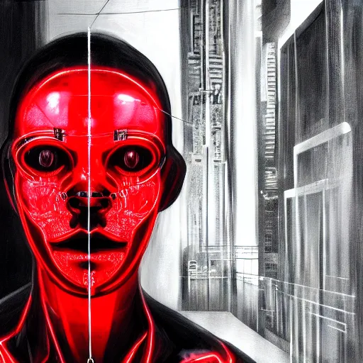 Image similar to cyberpunk human robot, scary, menacing, red and black and white, varnished painting, visible canvas, highly reflective, realistic reflections, realistic lighting, glossy, realistic