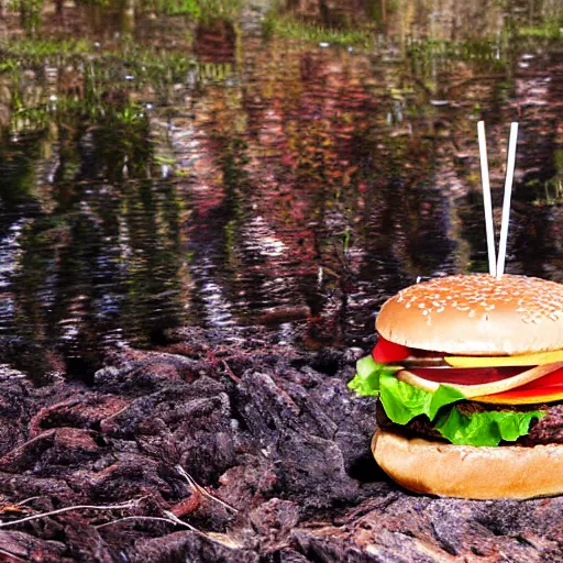 Image similar to a hamburger in a swamp, product photography