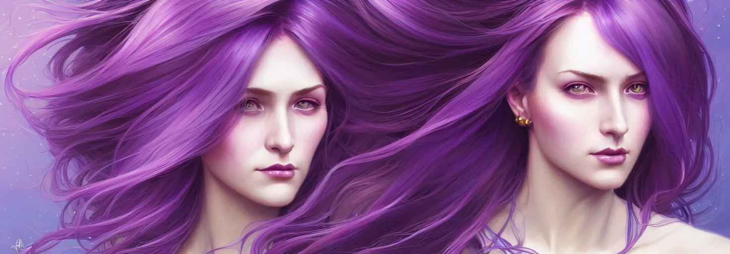 Prompt: Portrait of a woman with bright colored flying hair, all shades of purple. Hair coloring, amber eyes, face, long hair, fantasy, intricate, elegant, highly detailed, digital painting, artstation, concept art, smooth, sharp focus, illustration, art by artgerm and greg rutkowski and alphonse mucha
