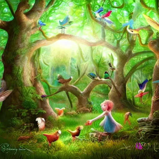 Image similar to magical forest, birds, child forest, highly detailed facez, stra ge creatures, artwork, digital art, fantasy