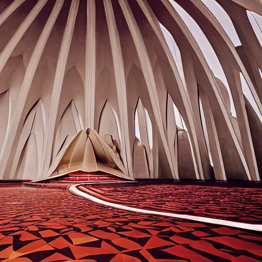 Image similar to interior of a futuristic lotus temple with gold, red and white marble panels, in the desert, by buckminster fuller and syd mead, intricate contemporary architecture, photo journalism, photography, cinematic, national geographic photoshoot