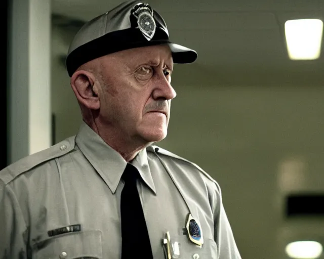 Prompt: mike ehrmantraut as a police officer, cinematic lighting, atmospheric portrait cinematography