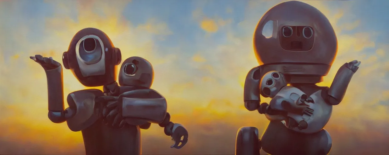 Prompt: hyperrealistic oil painting of robot holding baby ,sunset backlight