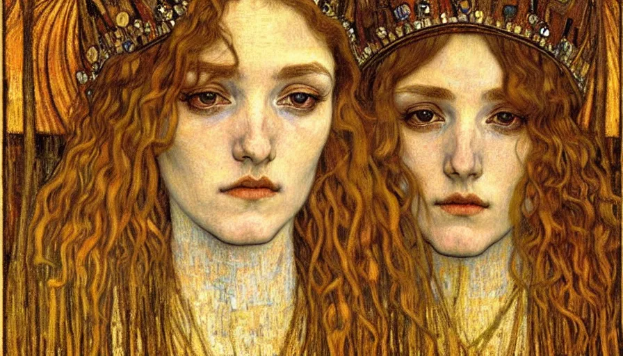 Image similar to detailed realistic beautiful young medieval queen face portrait by jean delville, gustav klimt and vincent van gogh, art nouveau, symbolist, visionary, gothic, pre - raphaelite, muted earthy colors, desaturated